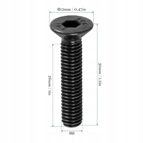 Śruby Imbusowe Stożkowe M6x30 mm Klasa 10.9 Czarne 20 szt. DIN 7991