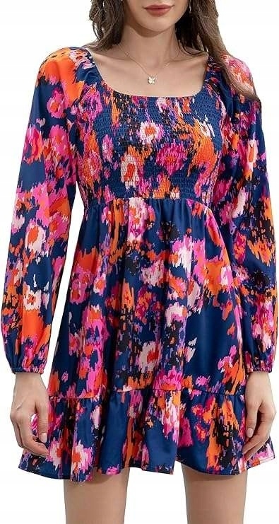 Sukienka Letnia Damska Boho Kwiatowa Kolorowa Długi Rękaw XL