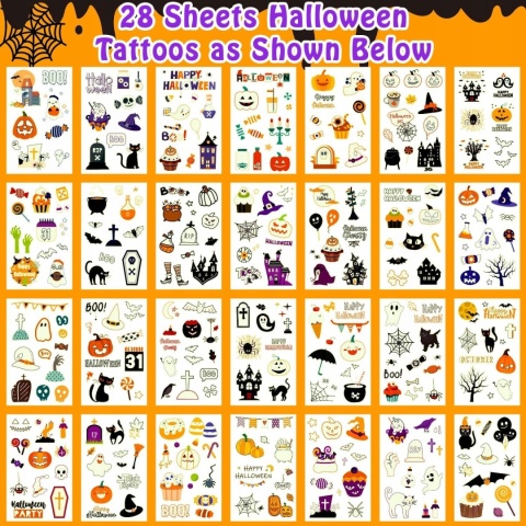 Tatuaże Halloween Świecące dla Dzieci 28 Arkuszy 300 Wzorów Zmywalne