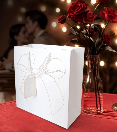 Torebka Prezentowa Papierowa z Kokardą i Uchwytem Biała Elegancka Gift