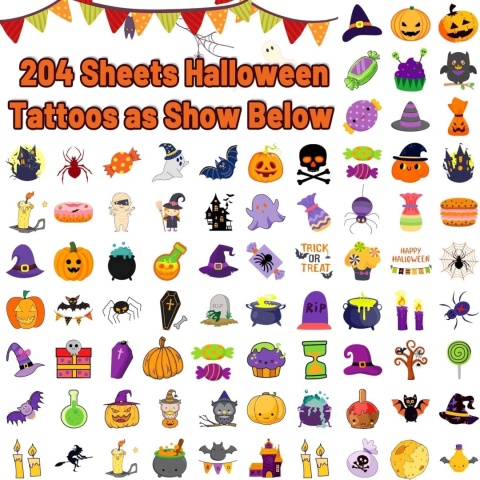 Tatuaże Zmywalne Halloween dla Dzieci 204 szt Naklejki Imprezowe Mix