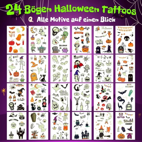 Tatuaże Zmywalne Świecące Halloween dla Dzieci 250 szt Naklejki Glow