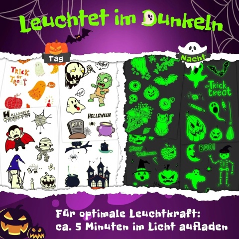 Tatuaże Zmywalne Świecące Halloween dla Dzieci 250 szt Naklejki Glow