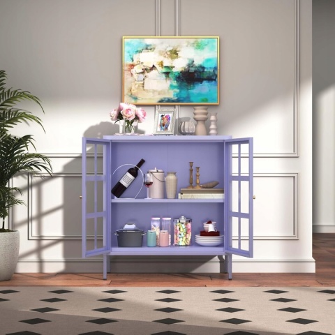 Witryna Metalowa 2 Drzwi Szafka Kredens Fioletowa 90x80x35 cm Półki