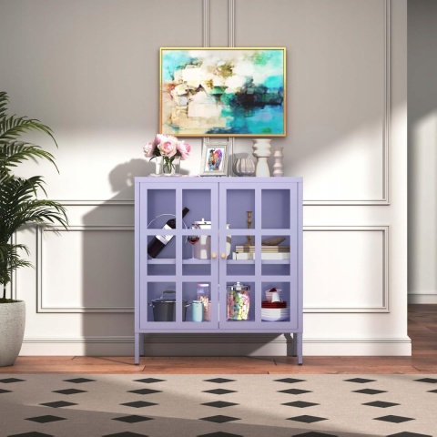 Witryna Metalowa 2 Drzwi Szafka Kredens Fioletowa 90x80x35 cm Półki