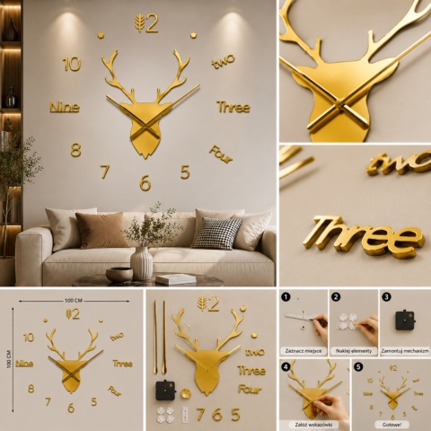 Zegar ścienny 3D jeleń samoprzylepny 100x100 cm nowoczesny dekoracja złoty