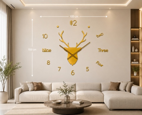 Zegar ścienny 3D jeleń samoprzylepny 100x100 cm nowoczesny dekoracja złoty