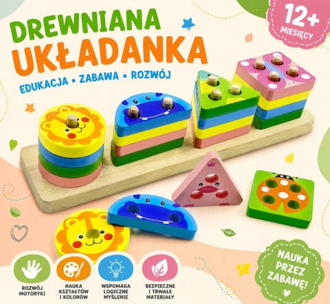 Zestaw klocki Montessori dla dzieci zwierzęta nauka dopasowywania drewniane