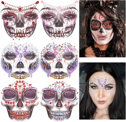 Naklejki Kryształki na Twarz Czaszka Halloween 6 szt. Dia de los Muertos