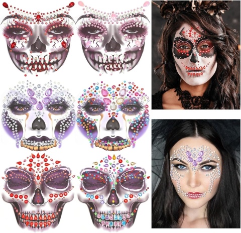 Naklejki Kryształki na Twarz Czaszka Halloween 6 szt. Dia de los Muertos