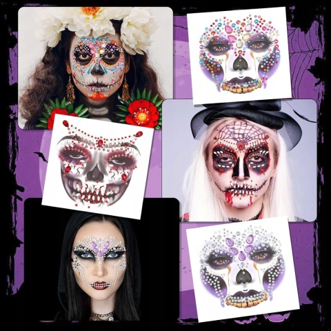 Naklejki Kryształki na Twarz Czaszka Halloween 6 szt. Dia de los Muertos