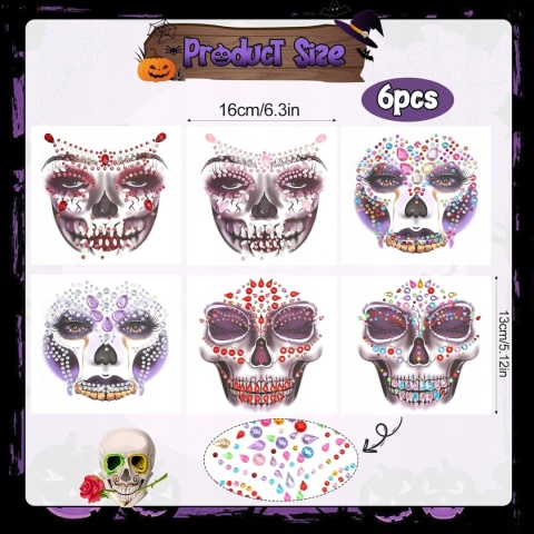 Naklejki Kryształki na Twarz Czaszka Halloween 6 szt. Dia de los Muertos
