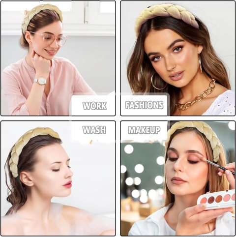 Opaska do Włosów Damska Aksamitna Szeroka Pleciona Beżowa Vintage Boho