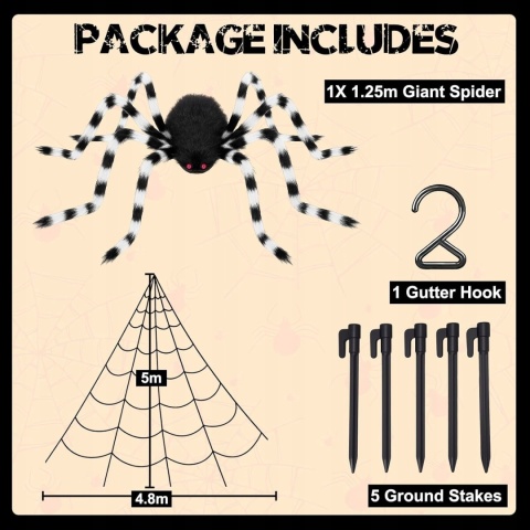 PAJĘCZYNA HALLOWEEN 5 M + PAJĄK 125 CM GIGANT DEKORACJA OGRODOWA