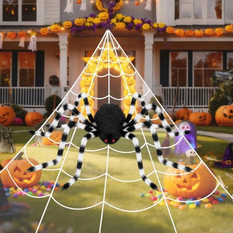 PAJĘCZYNA HALLOWEEN 5 M + PAJĄK 125 CM GIGANT DEKORACJA OGRODOWA