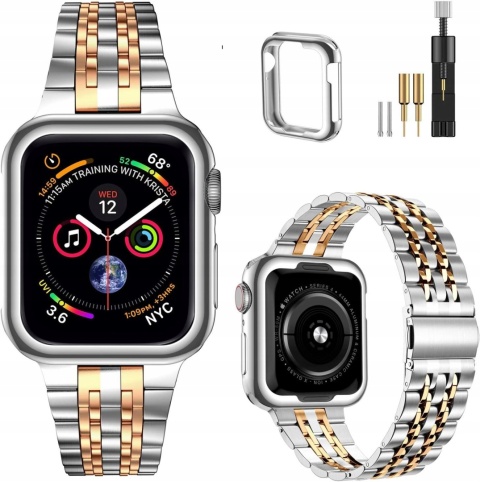 Pasek Apple Watch 44 42 mm Stalowy Bransoleta Etui Srebrny Różowe Złoto