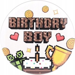 SAVITA Przypinka Urodzinowa Chłopiec Pixel Gra Broszka Birthday Boy 5,8cm