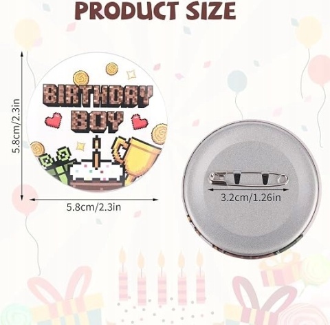 SAVITA Przypinka Urodzinowa Chłopiec Pixel Gra Broszka Birthday Boy 5,8cm