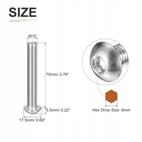 Śruby Imbusowe M10x70 DIN 912 A2 Stal Nierdzewna 304 8 szt. Imbus
