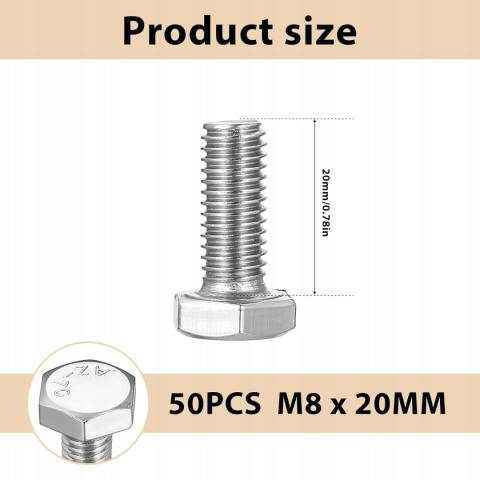 Śruby Sześciokątne M8x20 mm Ocynk Pełny Gwint DIN 933 50 szt.