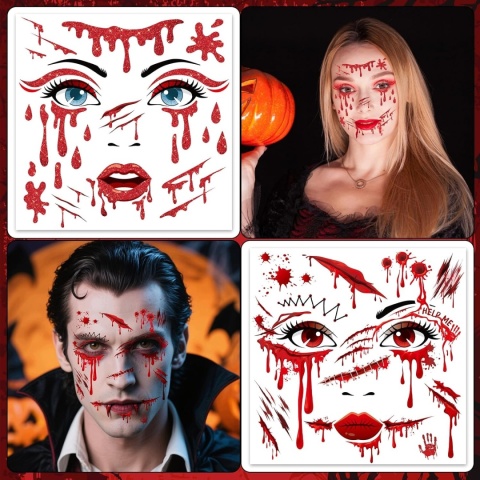 Tatuaże Tymczasowe Blizny Krew Halloween Twarz Ciało 4 Arkusze HOWAF
