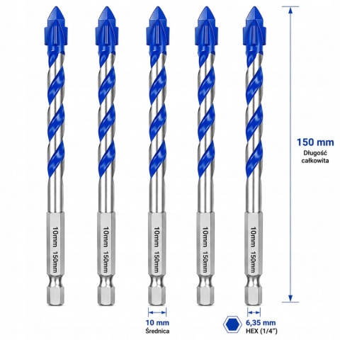 Wiertła do Płytek Gresu Ceramiki Szkła 10x150mm HEX 6,35mm MOXPIFY 5szt