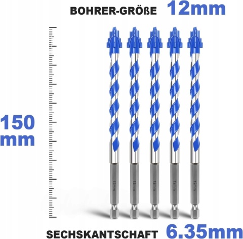 Wiertła do Płytek Gresu Ceramiki Szkła 12x150 mm HEX 6,35 mm 5 sztuk