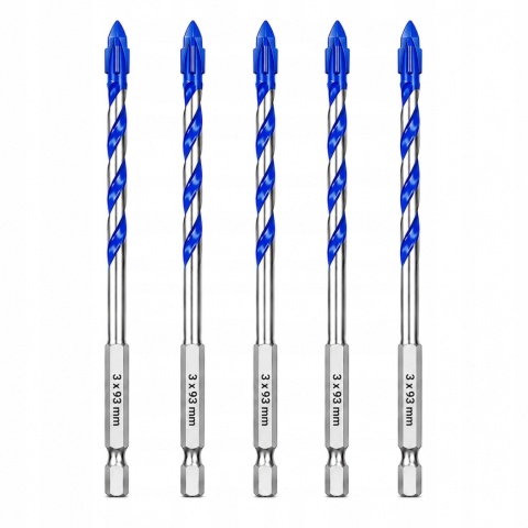 Wiertła do Płytek Gresu Ceramiki Szkła 3x93 mm HEX 6,35 mm 5 szt MOXPIFY