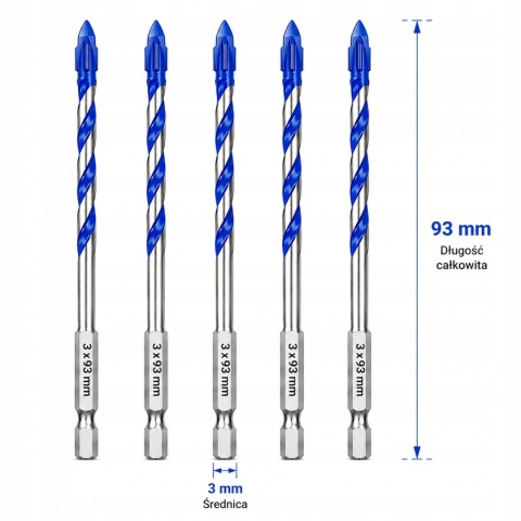 Wiertła do Płytek Gresu Ceramiki Szkła 3x93 mm HEX 6,35 mm 5 szt MOXPIFY