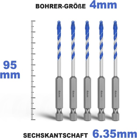 Wiertła do Płytek Gresu Ceramiki Szkła 4x95mm HEX 6,35mm HSS MOXPIFY 5 szt.
