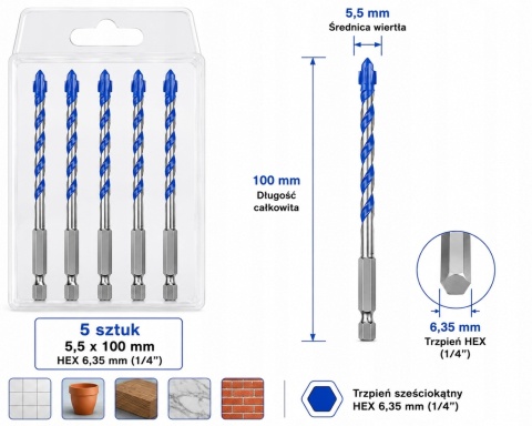 Wiertła do Płytek Gresu Ceramiki Szkła 5,5x100mm HEX 6,35mm 5szt Zestaw