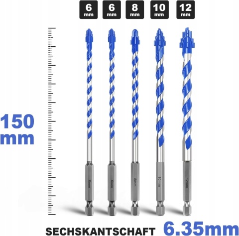 Wiertła do Płytek Gresu Ceramiki Szkła 6-12mm 150mm HEX MOXPIFY 5 sztuk