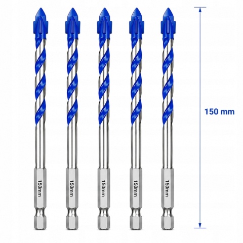 Wiertła do Płytek Gresu Ceramiki Szkła 6x150 mm HEX 6,35 mm 5 szt MOXPIFY