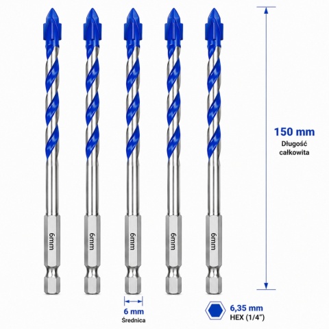 Wiertła do Płytek Gresu Ceramiki Szkła 6x150 mm HEX 6,35 mm 5 szt MOXPIFY