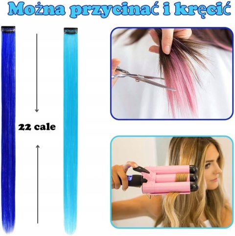 Włosy Doczepiane Clip-In Niebieskie Turkusowe Pasemka Klipsy 12 sztuk