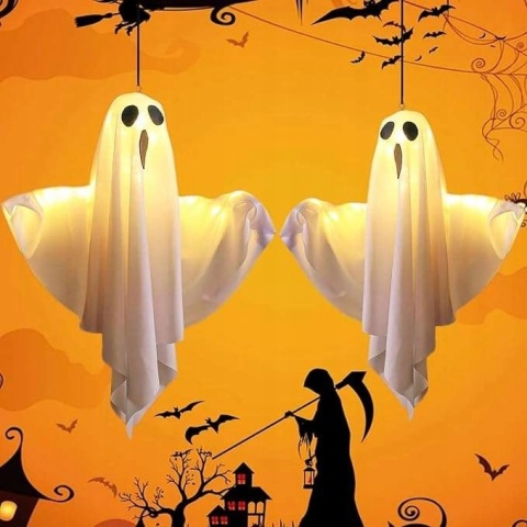 Duchy wiszące podświetlane LED żółte Dekoracja Halloween 50cm 2szt