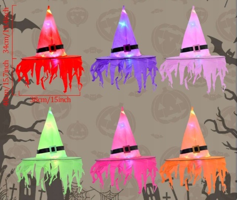 KAPELUSZE CZAROWNICY LED 6 SZT ŚWIECĄCE HALLOWEEN WIELOKOLOROWE DEKORACJE