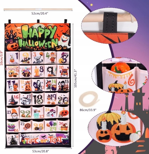 Kalendarz adwentowy ścienny wiszący na Halloween z 32 kieszeniami