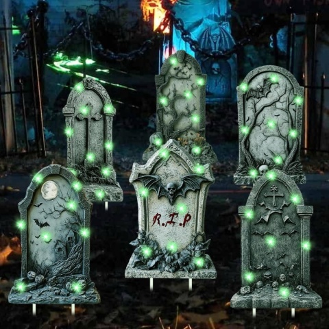 NAGROBKI HALLOWEEN 6 SZT LED DEKORACJA OGRODOWA CMENTARZ + PALIKI