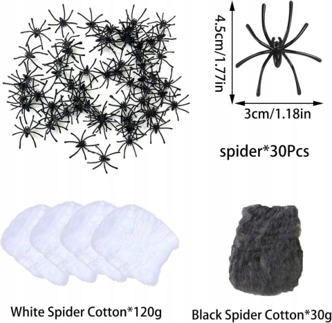 PAJĘCZYNA HALLOWEEN 150 G BIAŁA CZARNA + 30 PAJĄKÓW DEKORACJA HORROR