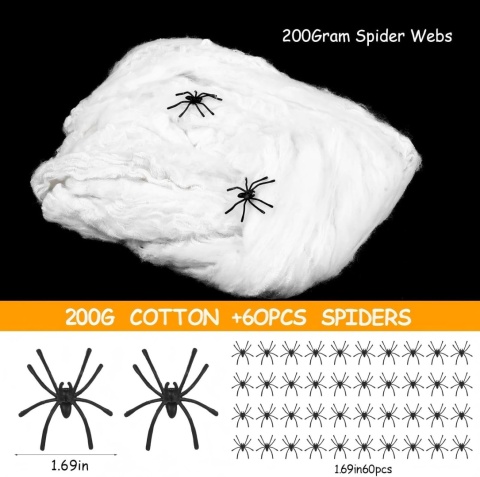 PAJĘCZYNA HALLOWEEN 200 G + 60 PAJĄKÓW SZTUCZNA DEKORACJA STRASZNA