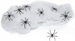 Pajęczyna ze sztucznymi pająkami 60 szt. dekoracja Halloween biało/czarna