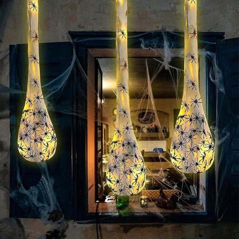 Pajęczyny torebki z pająkami wiszące dekoracja świecąca Halloween 3 szt.