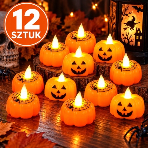 ŚWIECZKI LED DYNIE HALLOWEEN 12 SZT ŻÓŁTE DEKORACYJNE LAMPKI ZESTAW