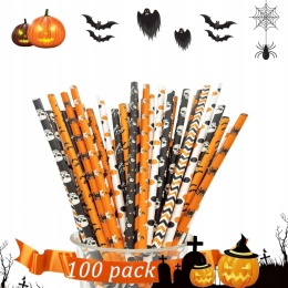 Słomki papierowe na Halloween dynia duch pająk wielokolorowe 20cm 100szt