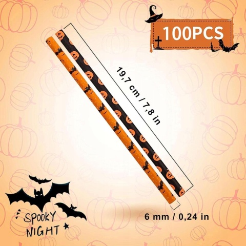 Słomki papierowe na Halloween dynia duch pająk wielokolorowe 20cm 100szt