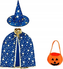 Strój czarodzieja peleryna z kapeluszem i torbą na cukierki na Halloween