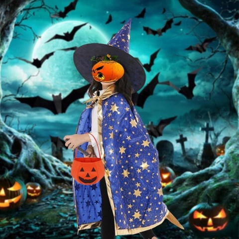 Strój czarodzieja peleryna z kapeluszem i torbą na cukierki na Halloween