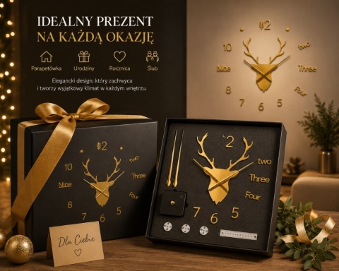 Zegar ścienny 3D jeleń samoprzylepny 100x100 cm nowoczesny dekoracja złoty