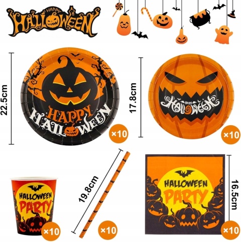 Zestaw Zastawy Papierowa Jednorazowa na Imprezę Halloween dla 10 Osób